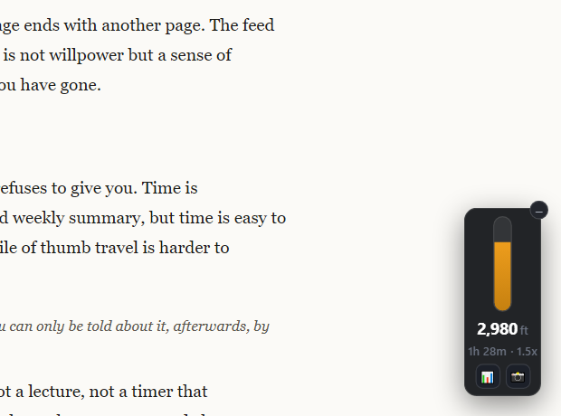 The same meter turned red at 2,980 feet, 1.5x a usual day, with the share button showing.